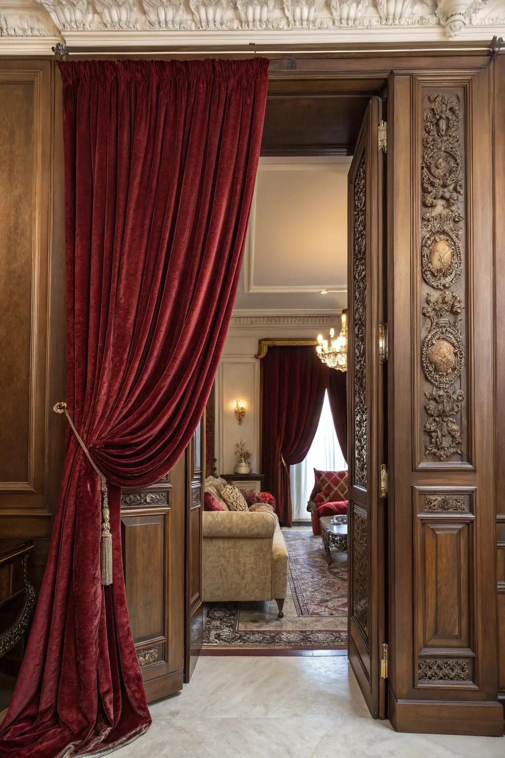 A lavish velvet drape enhances the grandeur of a living area.