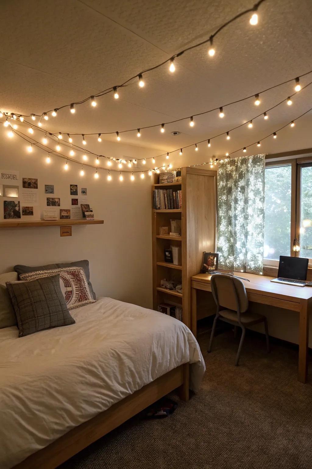 Delicate fairy lights cast a gentle, enchanting glow perfect for any dorm room.