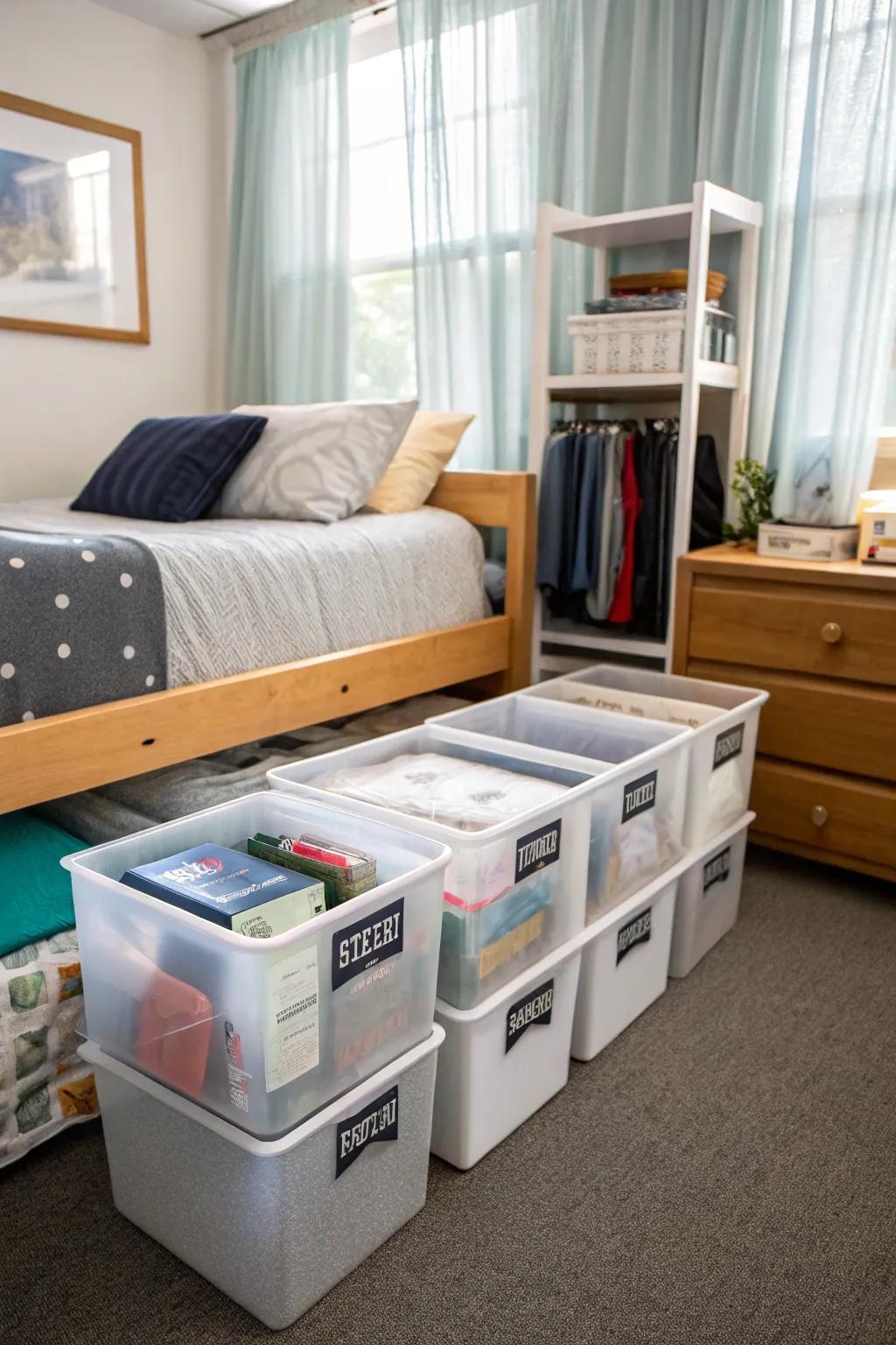Optimize your dorm area with effective under-bed stowing options.