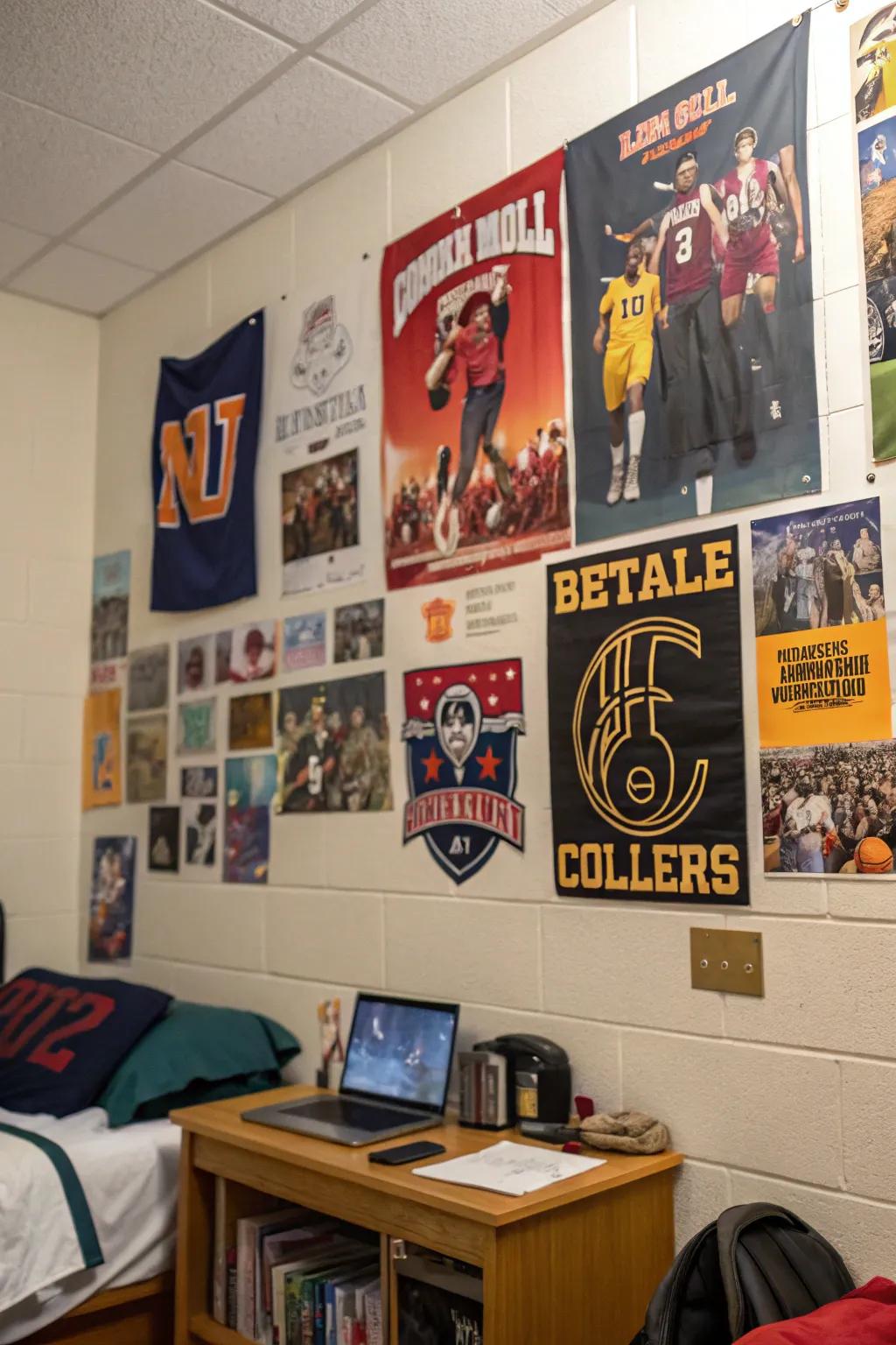 A dorm room wall decorated with athletic and musical posters, highlighting personal tastes.