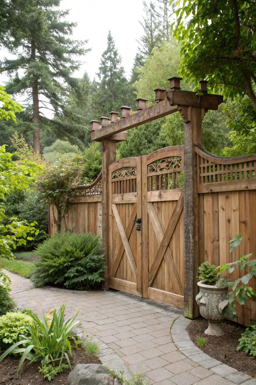 A classic cedar gate that effortlessly complements the garden's innate beauty.