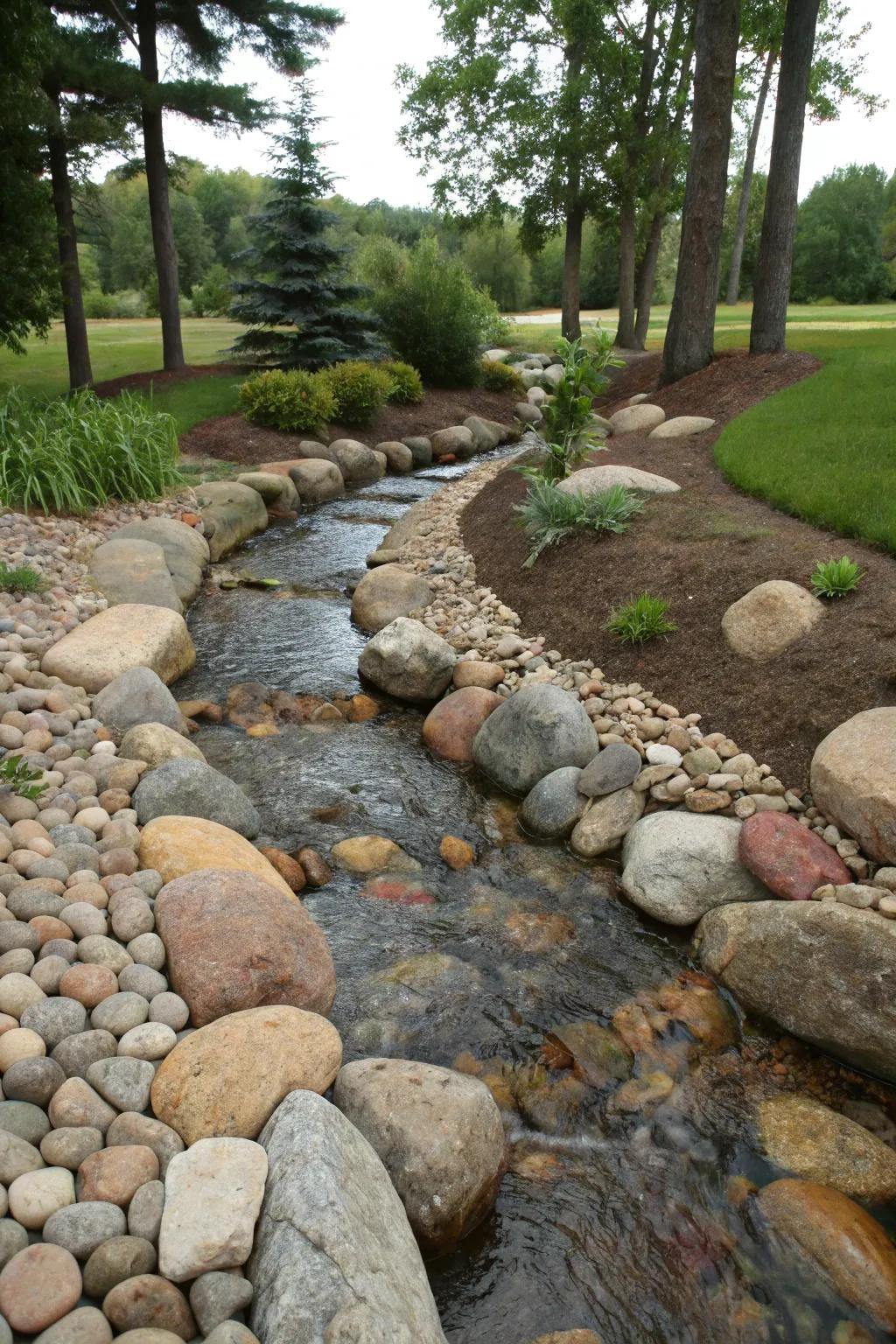 In this drainage swale, natural stones sculpt a flow that is both graceful and practical.