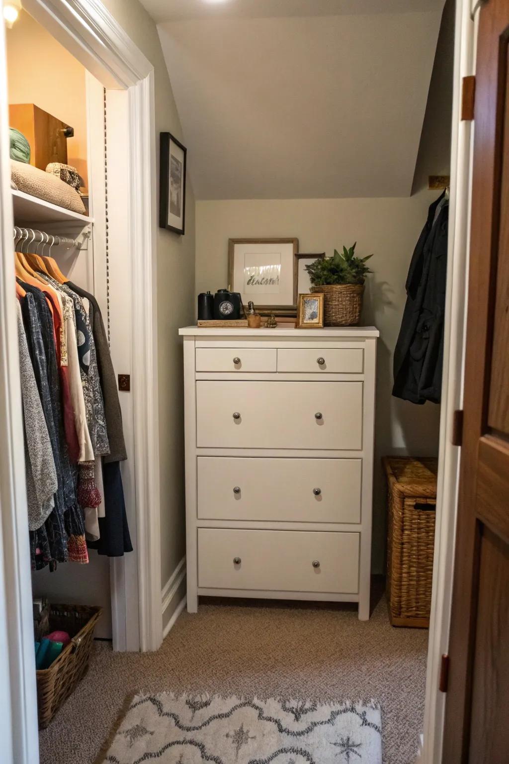 A space-efficient dresser neatly set in a bedroom's nook, delivering plentiful storage within a minimal footprint.