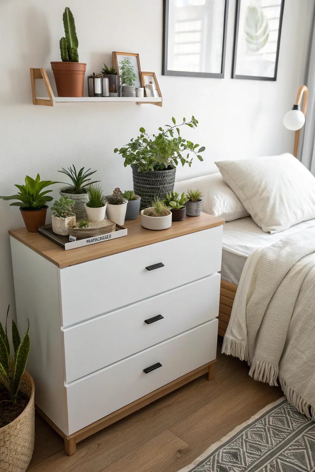 A cluster of plants crafts a natural retreat atop your dresser.