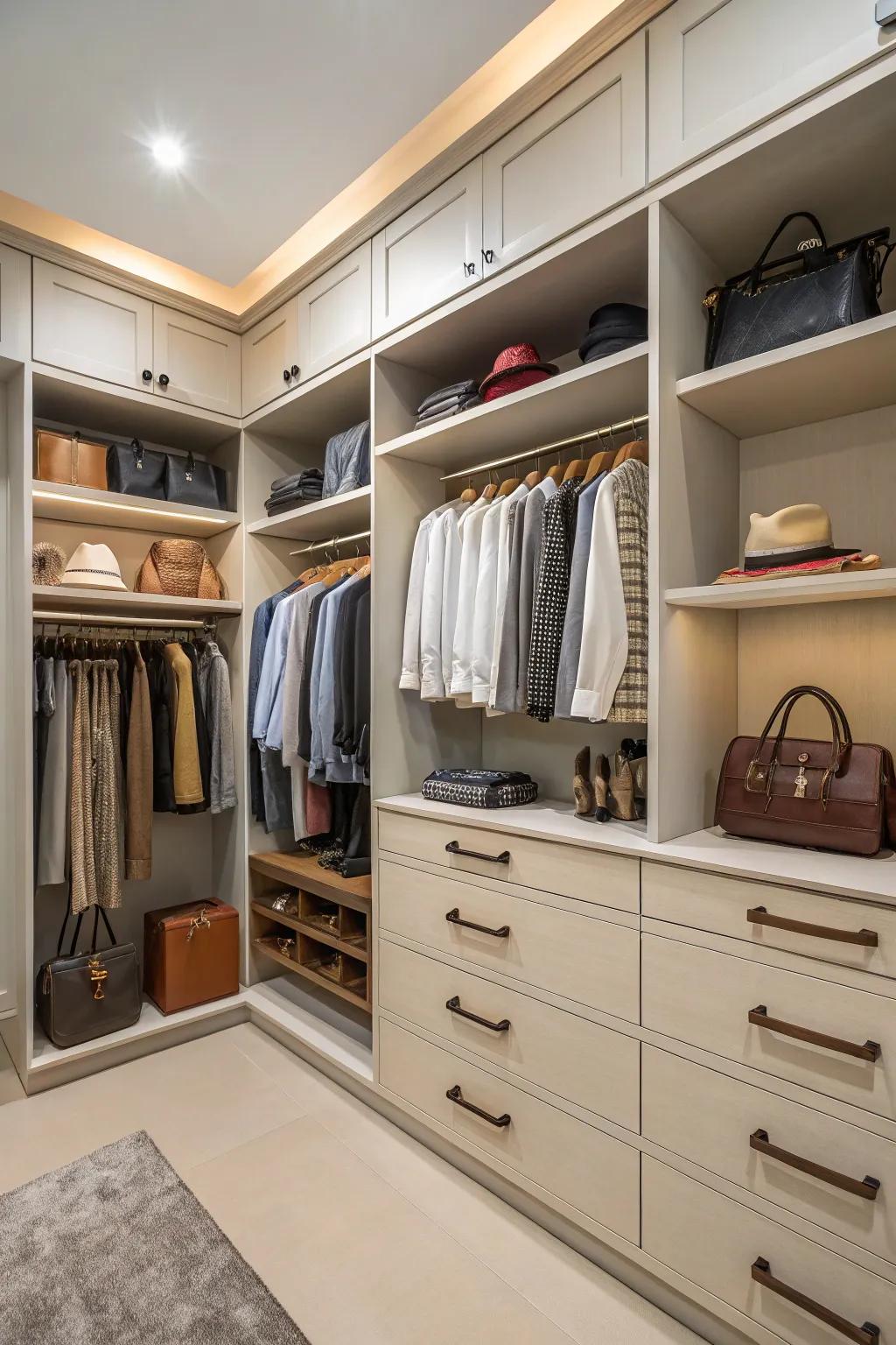 Bespoke cabinets maximize area and organization in every dressing room setup.
