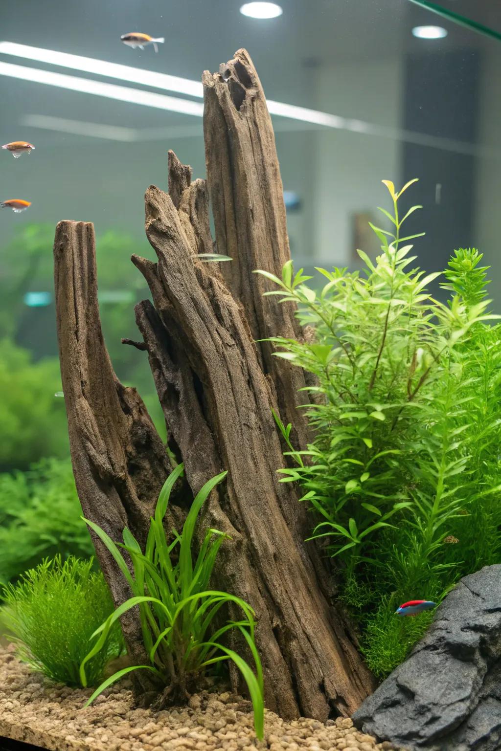 An aquarium metamorphosed into a verdant, submarine woodland featuring upright bogwood.