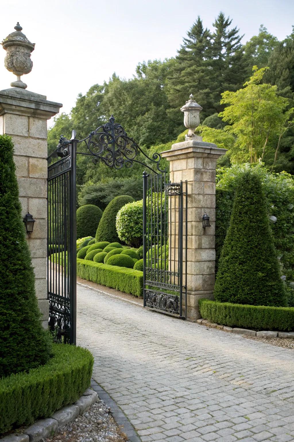A traditional iron gate crafts a distinguished and fortified gateway.
