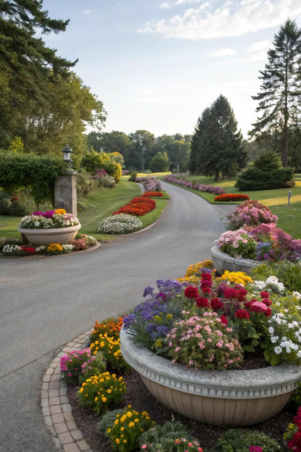 Rounded flower beds introduce a vibrant and inviting charm to your driveway’s entrance.