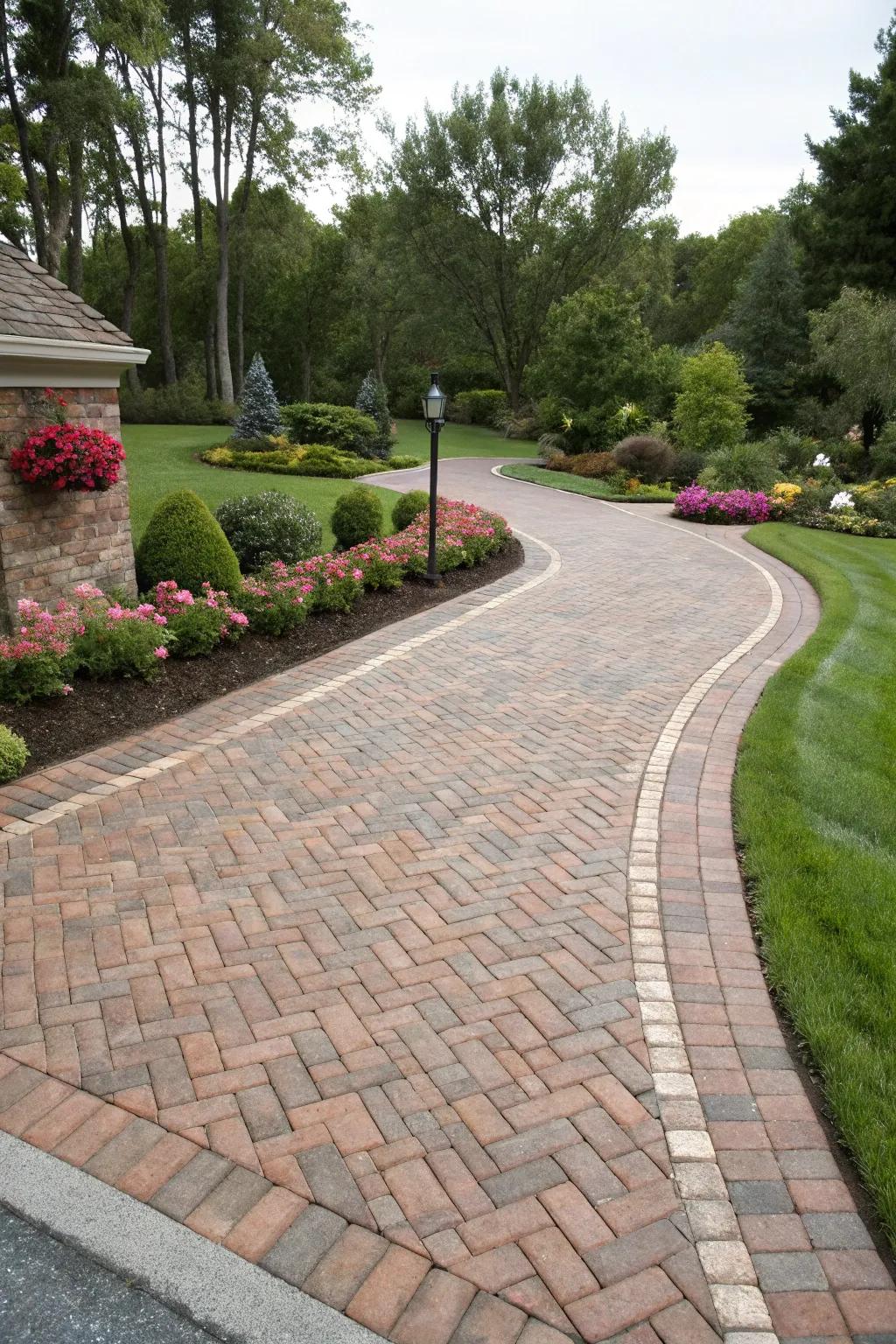 The timeless charm of a classic herringbone pattern enhances any driveway.