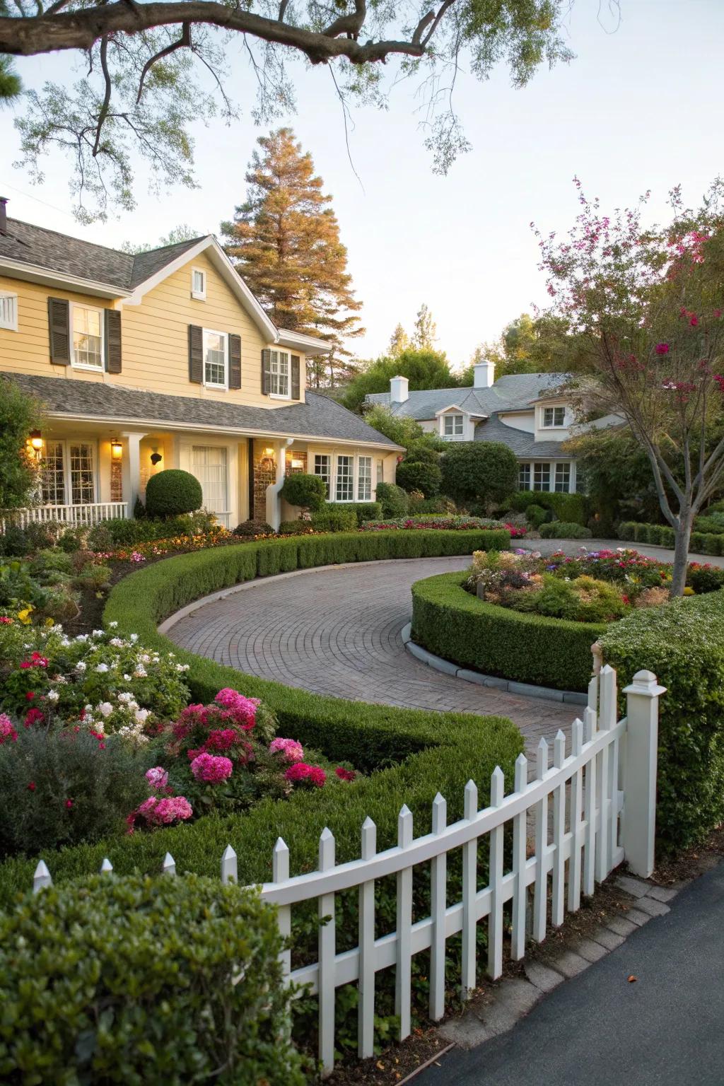 A quintessential circular driveway featuring a beautifully designed central area.