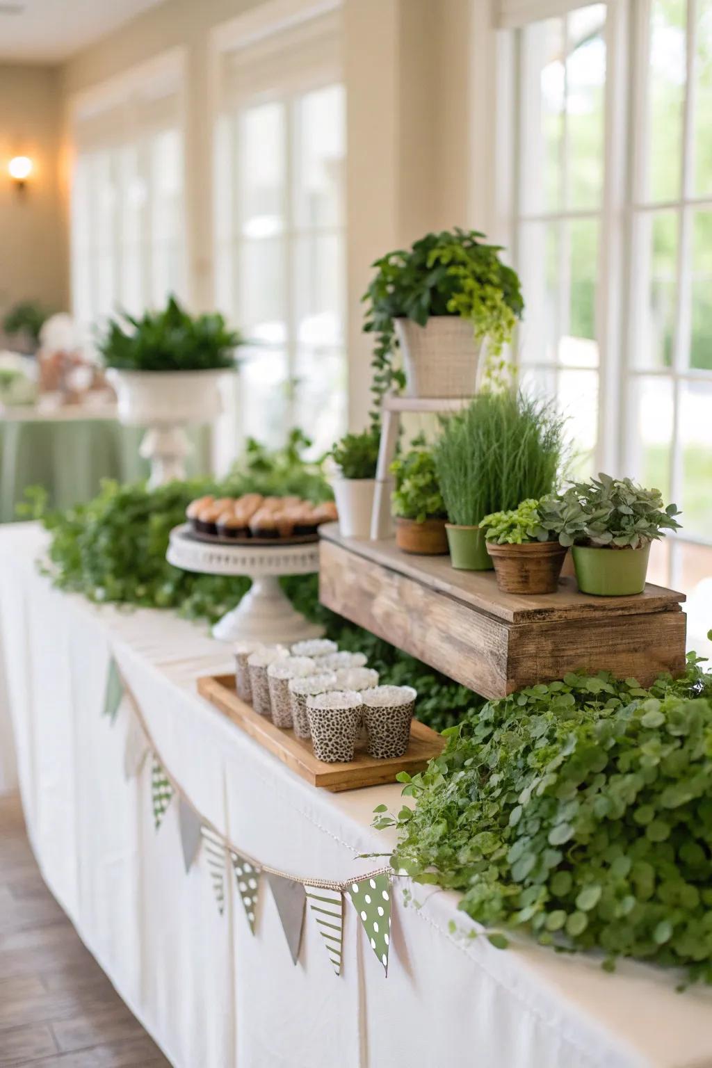 Lush greenery establishes the atmosphere for a grounded baby shower.