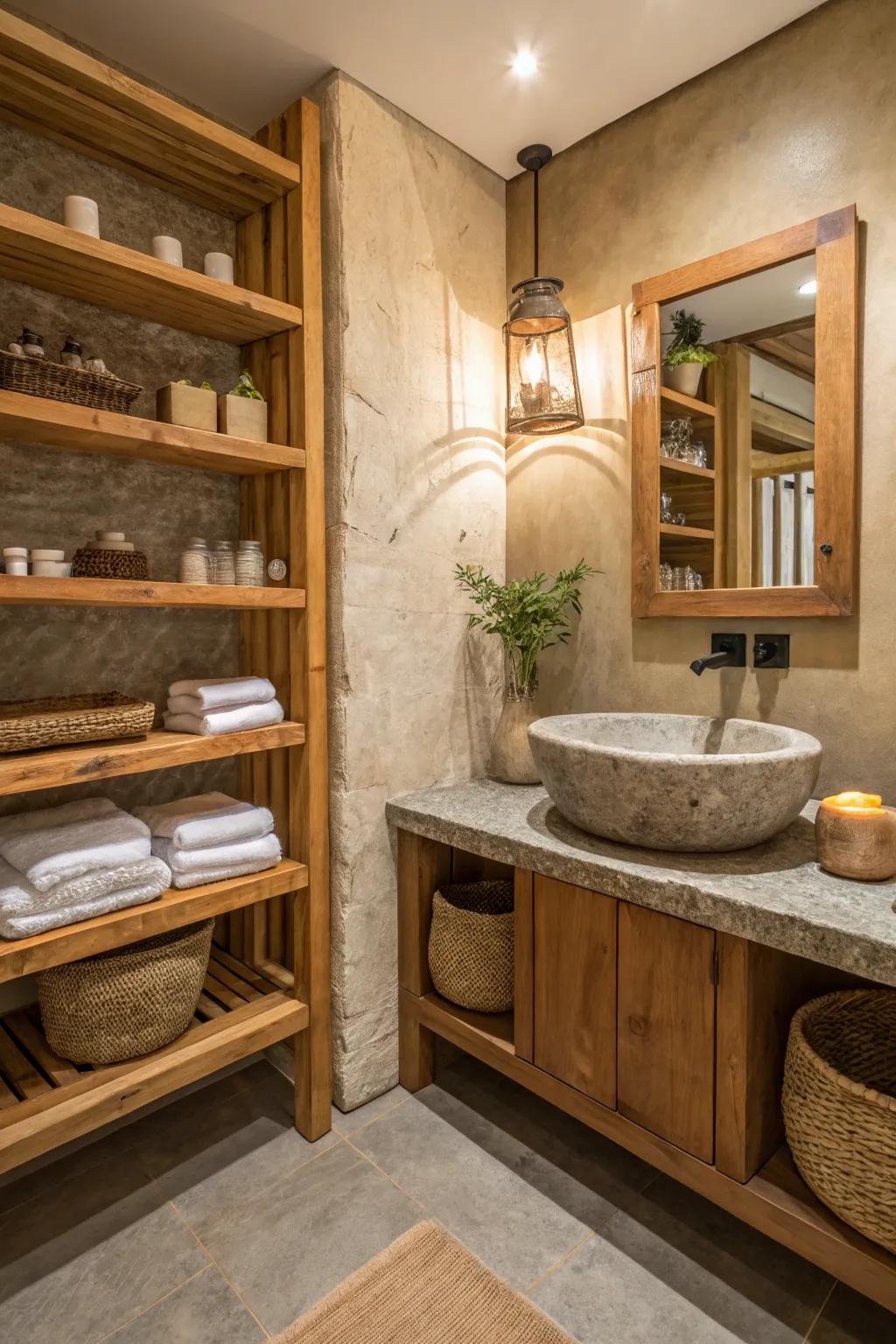 Organic elements such as timber and stone establish a serene bathroom atmosphere.