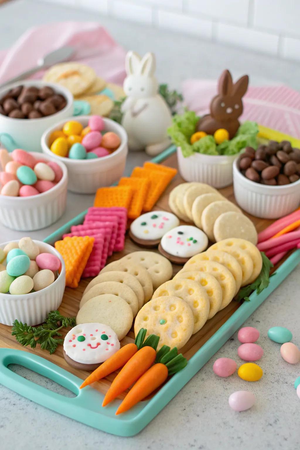 A whimsical Easter board featuring a bunny theme with vibrant sweets and treats.