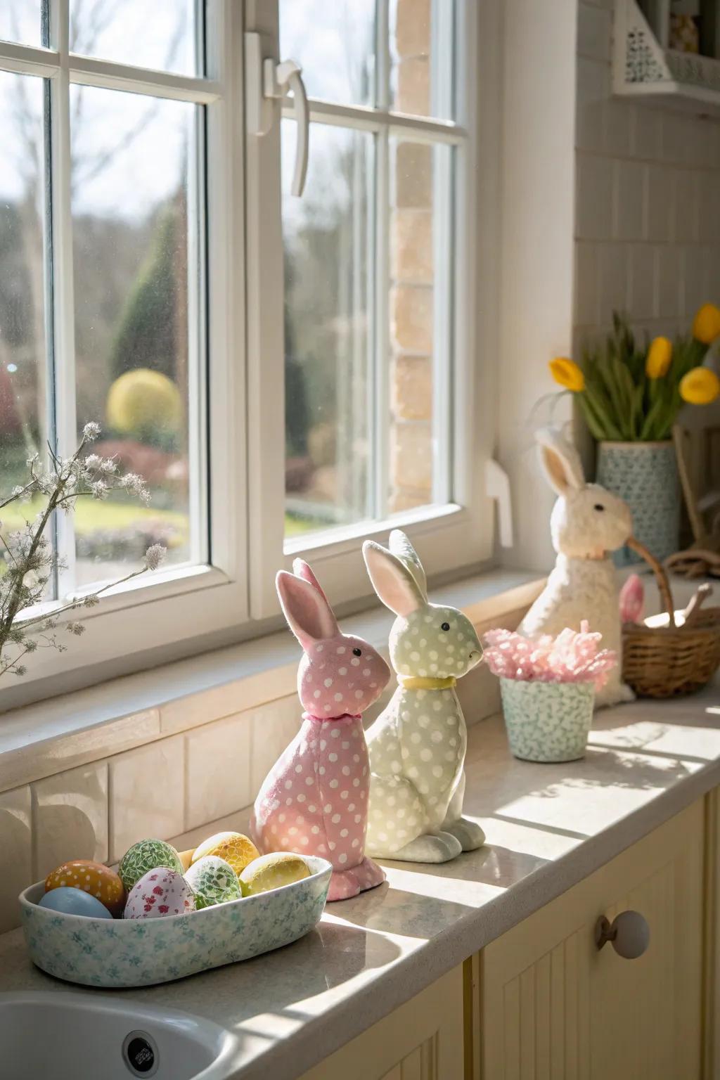 Easter bunny figurines adorably embellish the kitchen window sill.