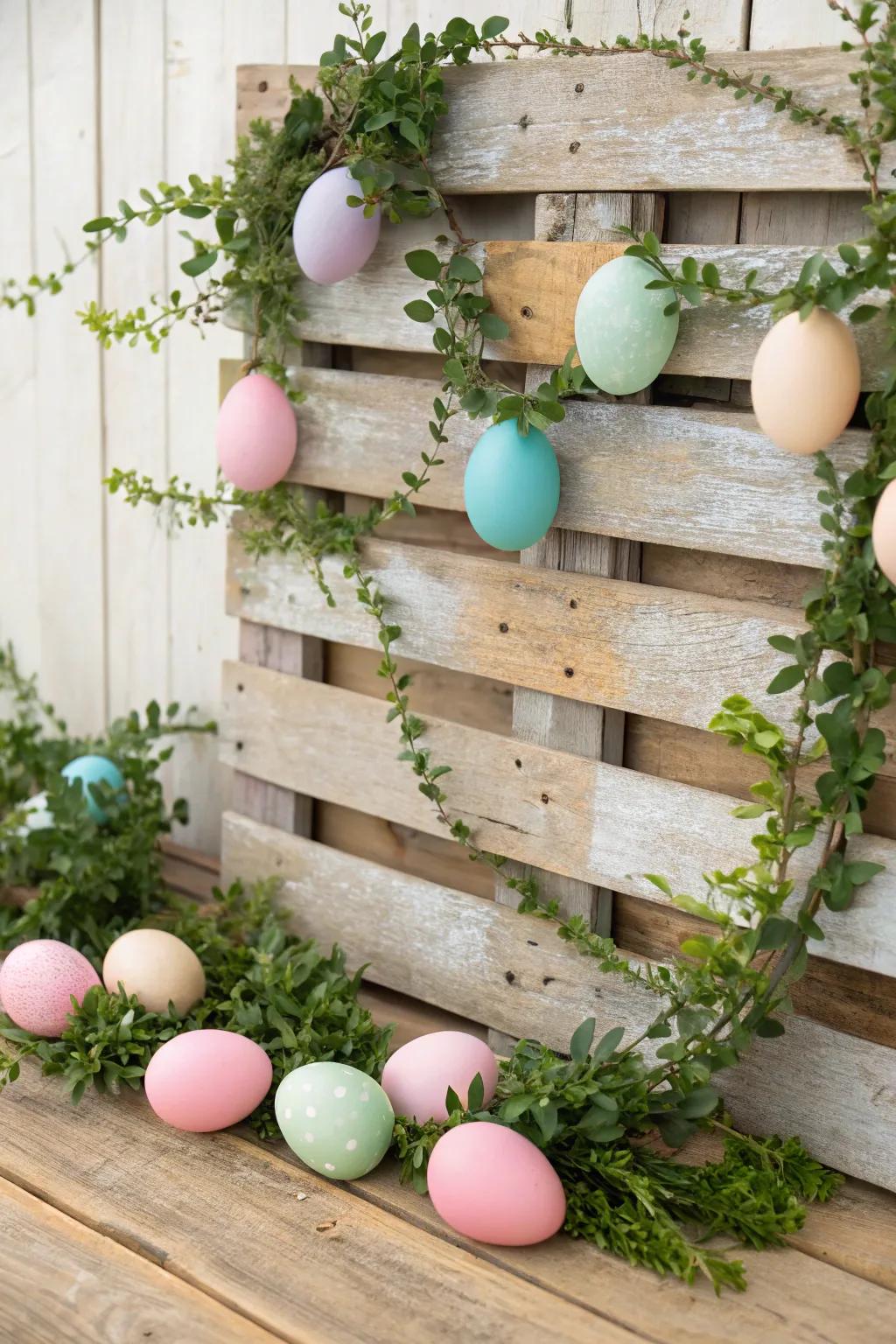 Rustic wooden pallets adorned with Easter decor create a charming photo background.