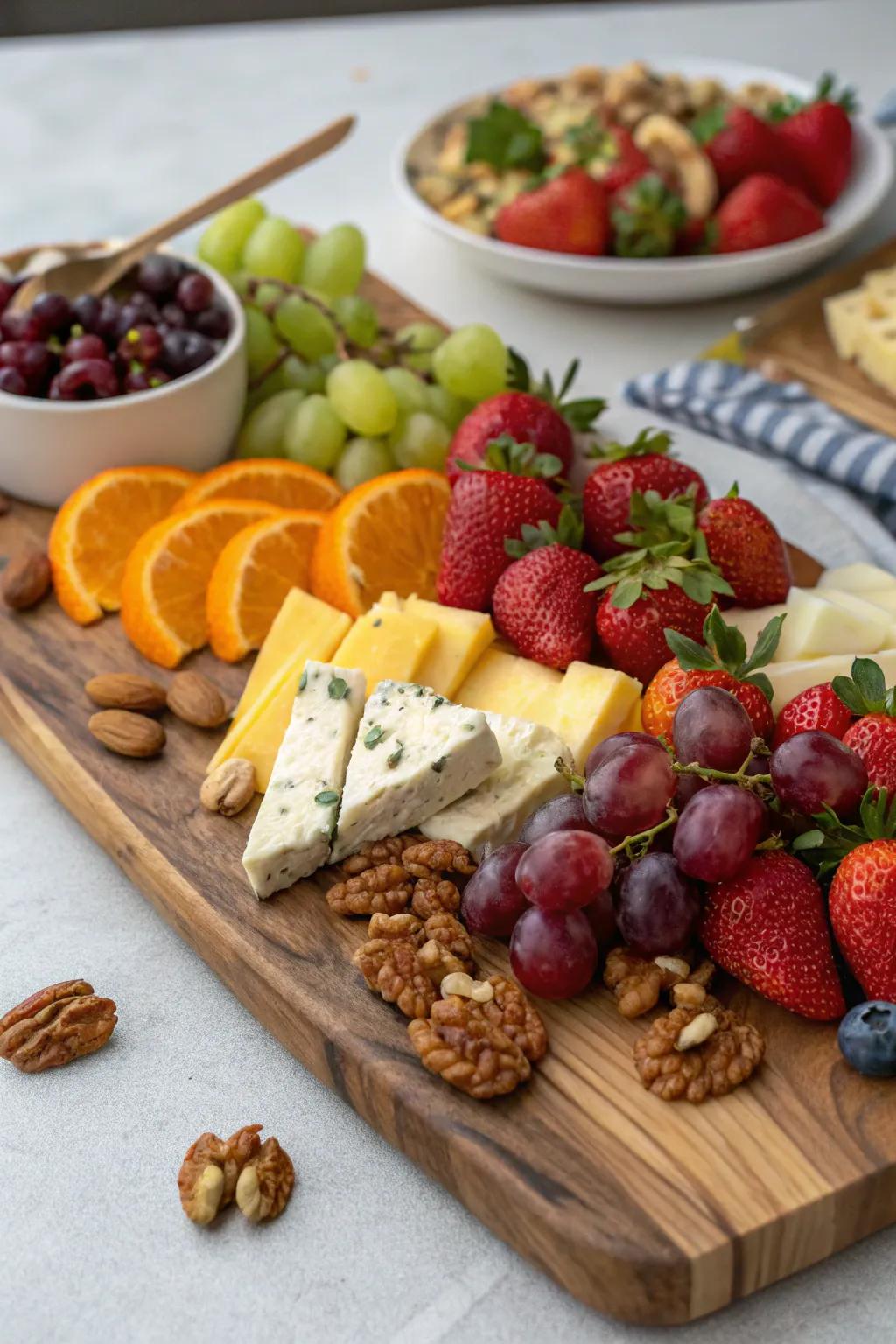 An artful fruit and cheese display that enhances the Easter brunch.