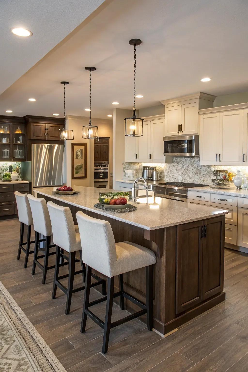 A versatile two-tiered island perfect for various tasks.