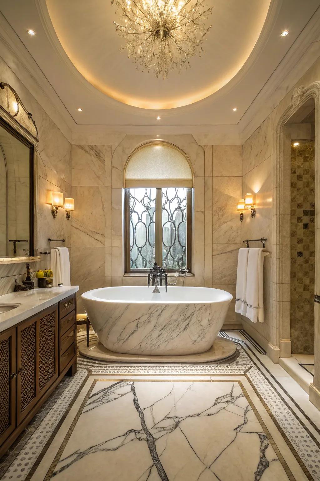 A stand-alone tub in a lavish setting, hugged by polished stone.