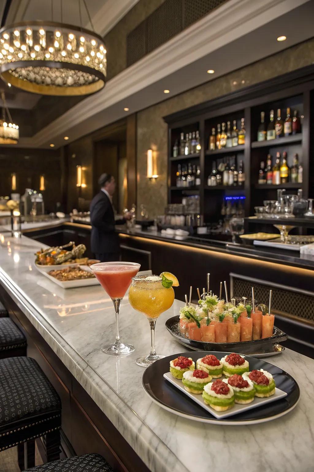 A stylish cocktail bar featuring a range of craft cocktails and appetizers.