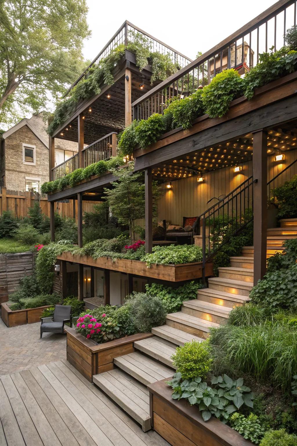 Tiered patios beautifully divide areas for unwinding and eating.