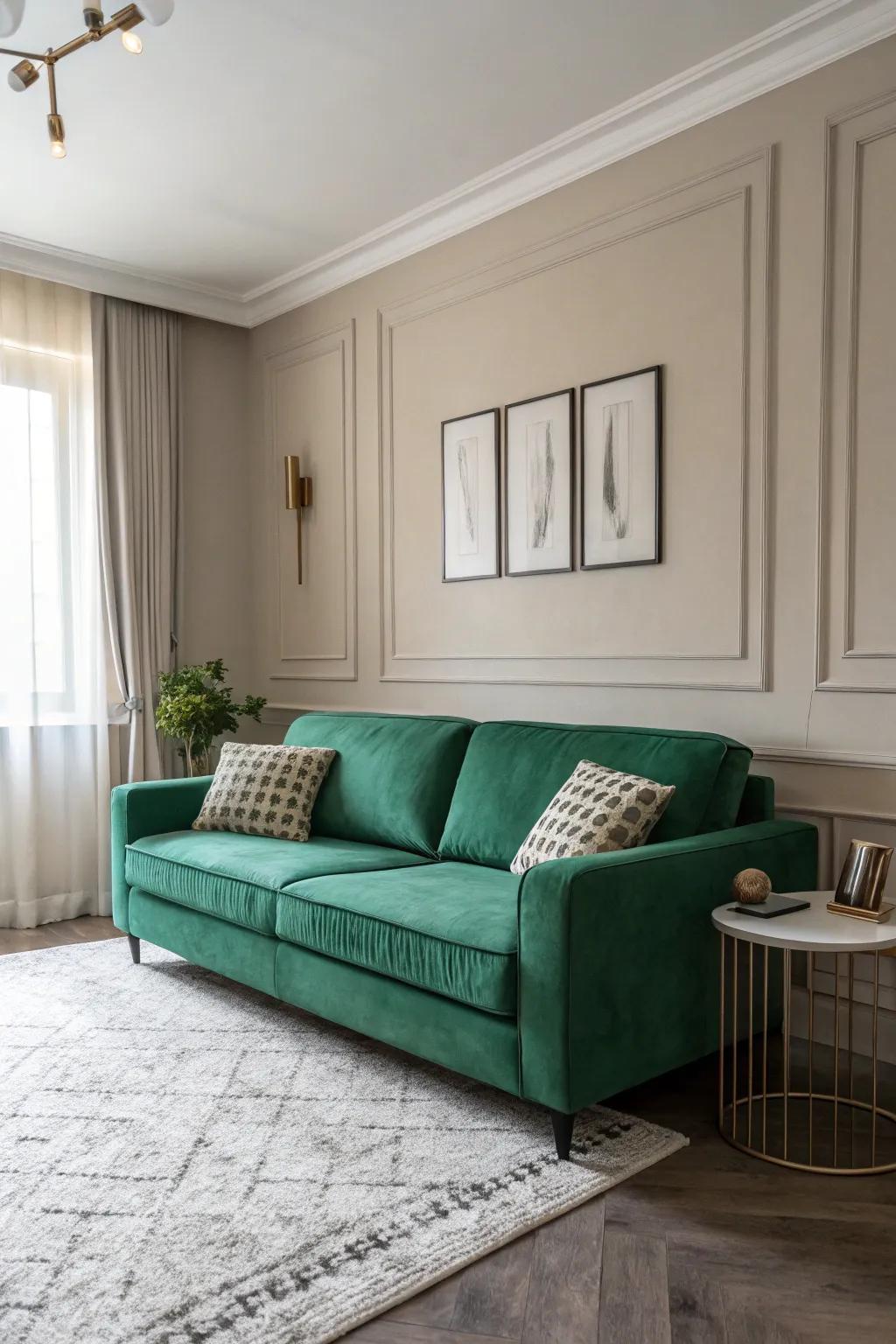 Emerald green sofa magnificently accentuated by neutral walls.