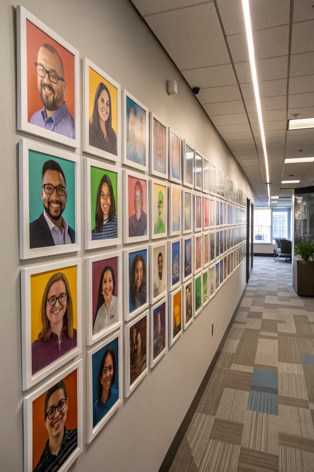 A lively photo arrangement display filled with employee portraits, creating a personal and warm environment.
