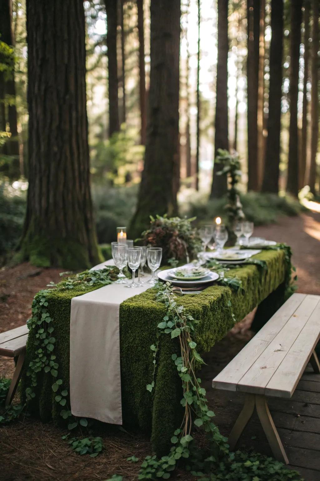 Rich verdure flows across the tables, emulating a woodland floor perfectly suited for your festive gathering.