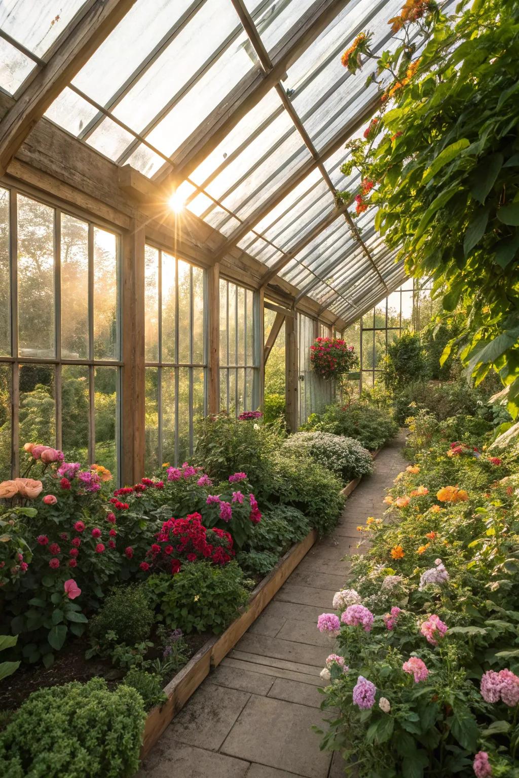 A welcoming greenhouse retreat bursting with vibrant life.