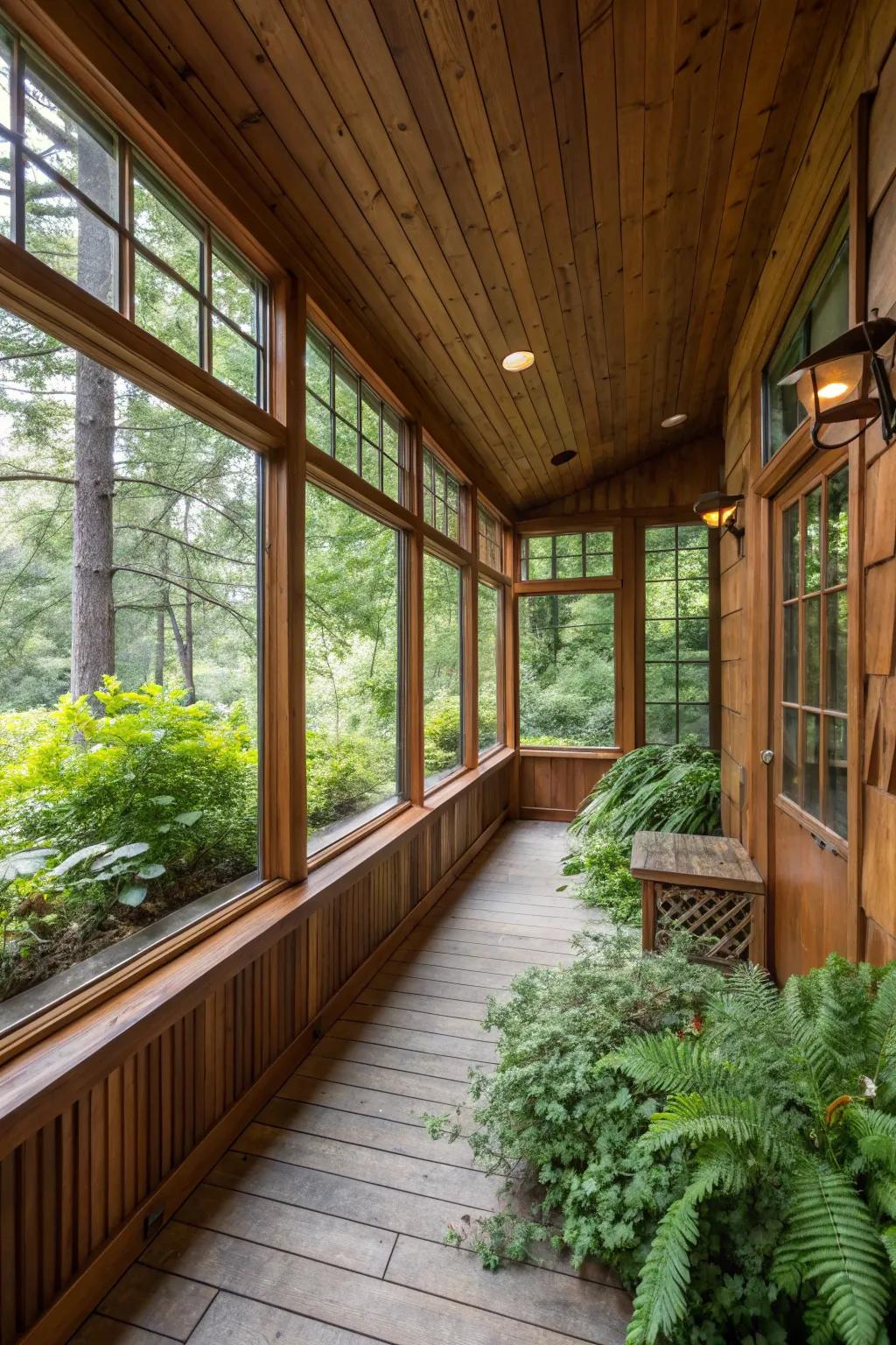 An enclosed porch showcasing appealing redwood siding.