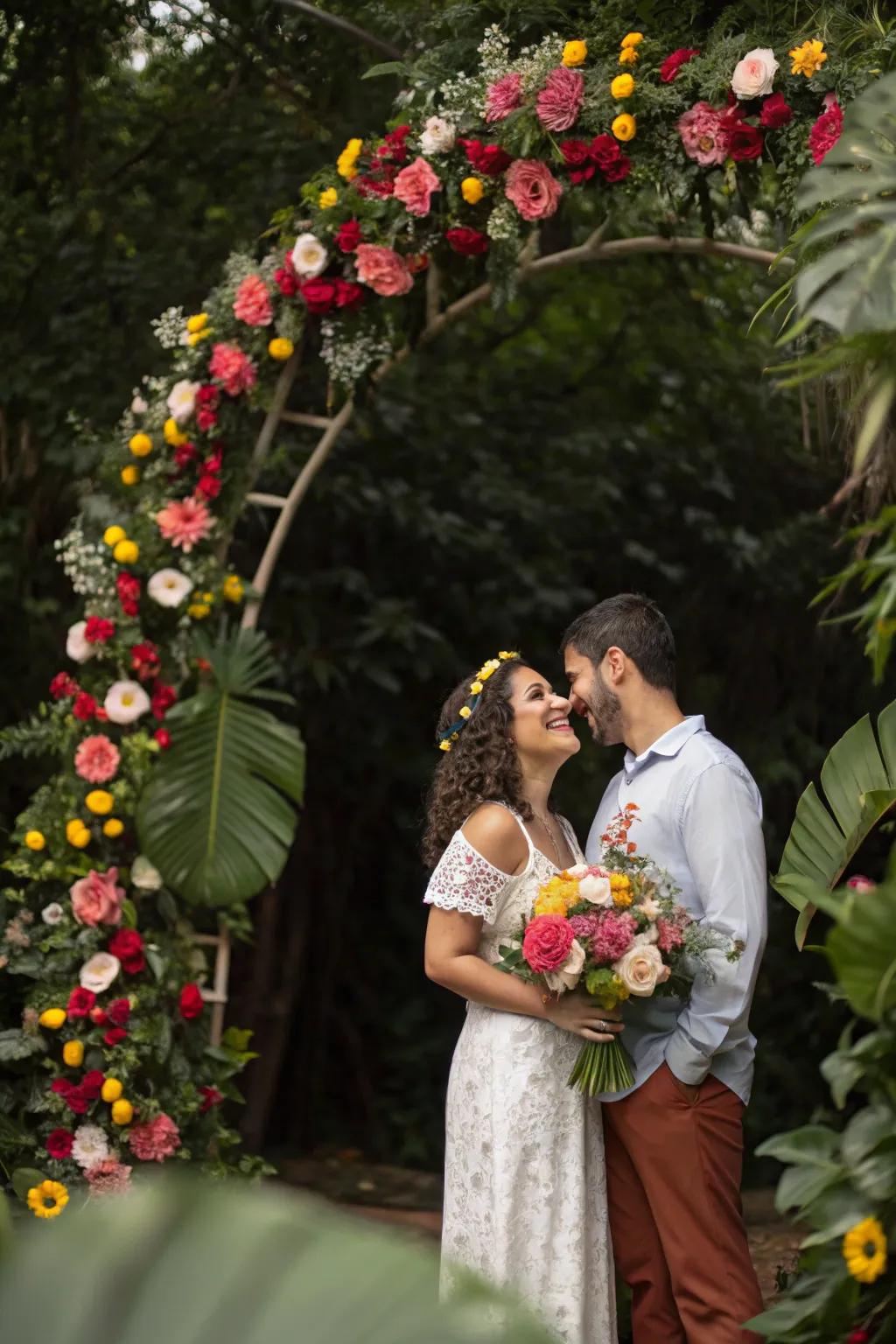 A lavish flower-adorned arch serves as a stunning backdrop for engagement festivities.