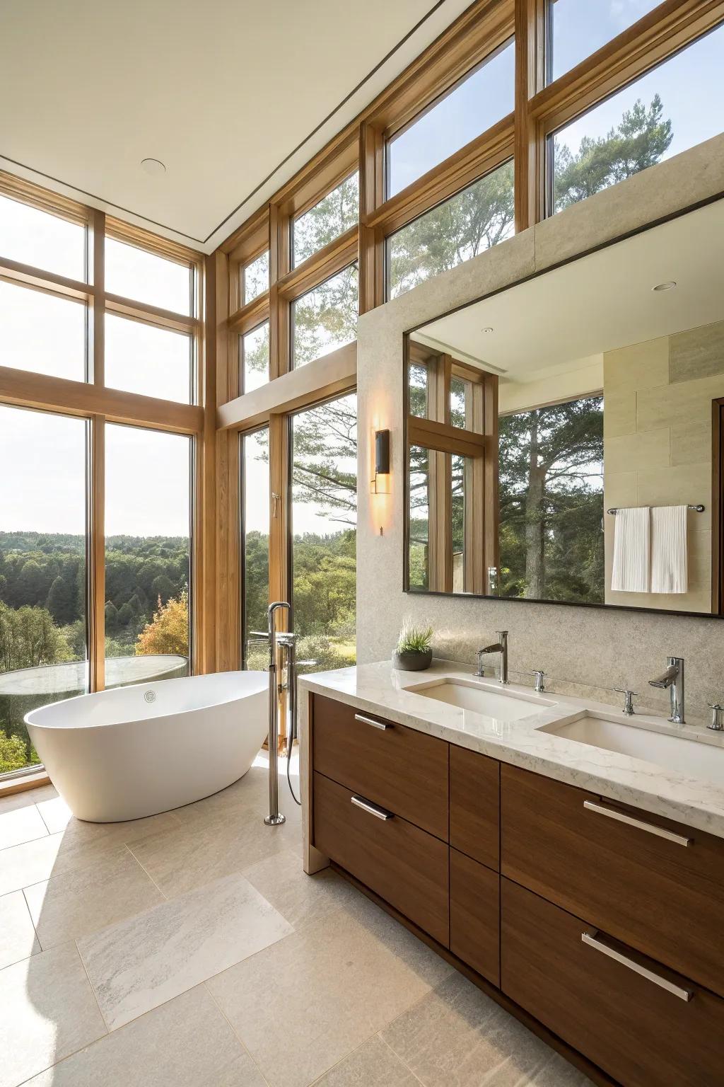 Sunlight infuses warmth and openness into this ensuite's design.