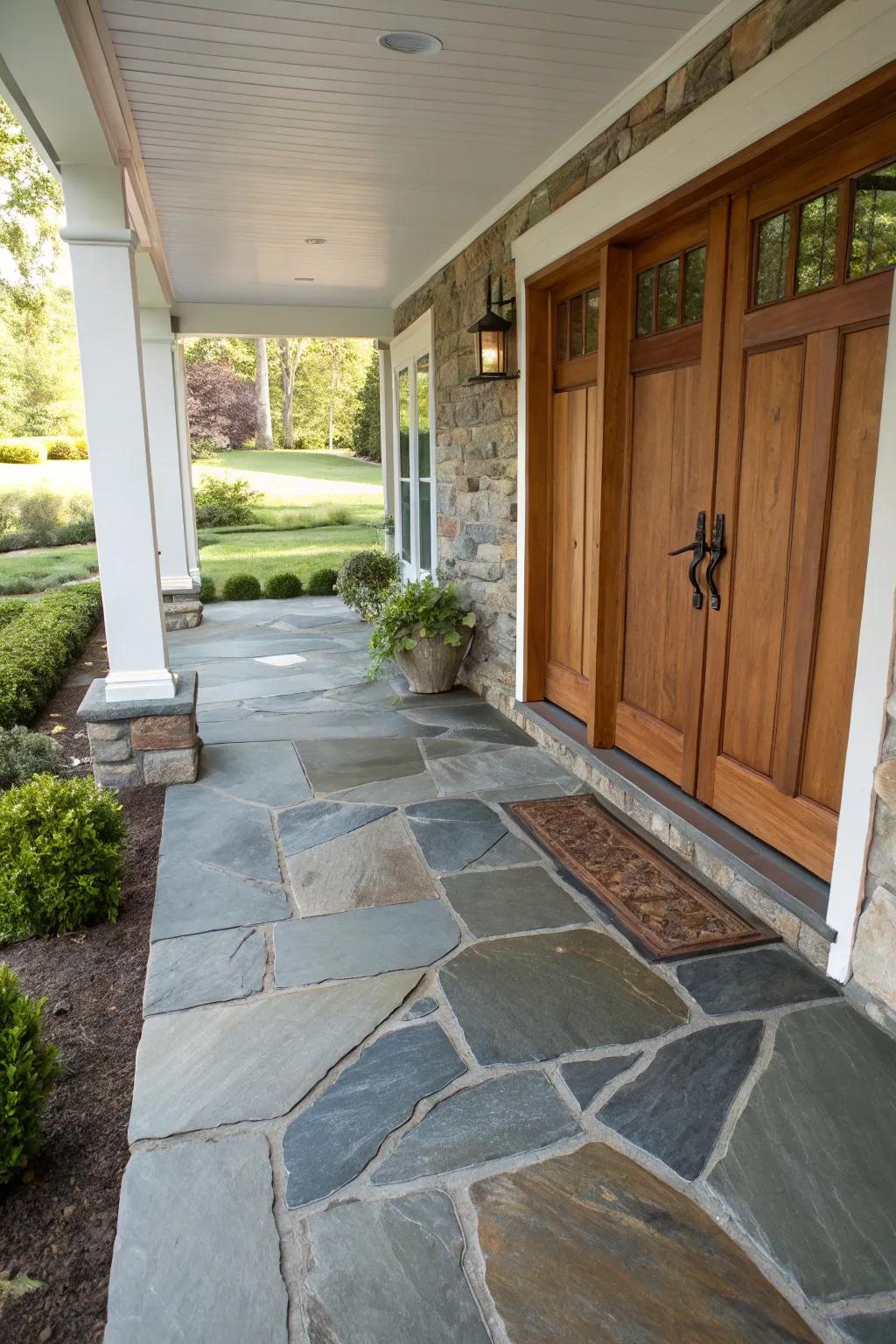A front porch exhibiting a harmonious amalgamation of stone surfaces, yielding a striking entrance.