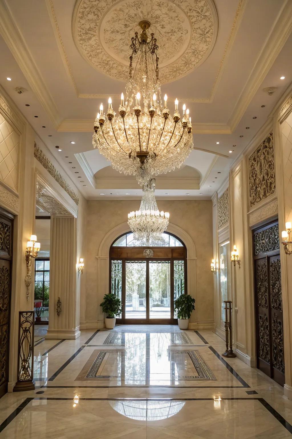 A gorgeous chandelier can brighten and enhance any entryway.