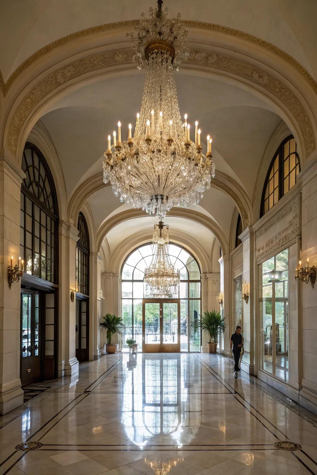 A gleaming luminary infuses sophistication and grandeur into this expansive entryway.