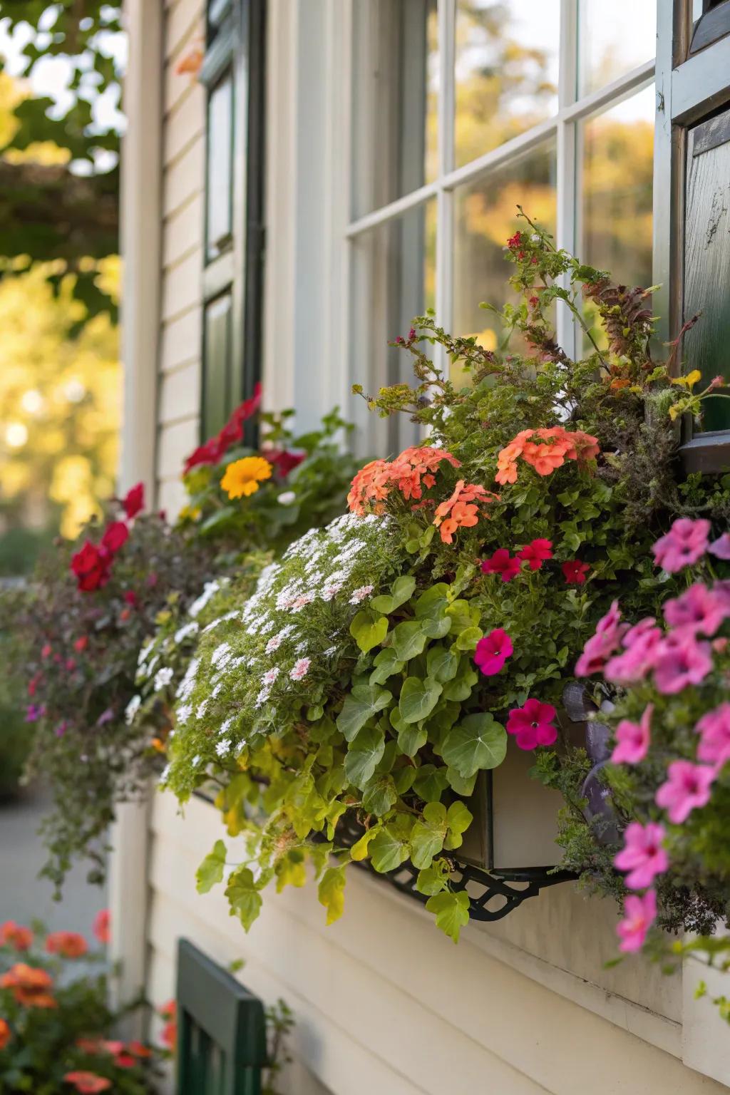 Window boasting a radiant bloom box filled with seasonal flowers