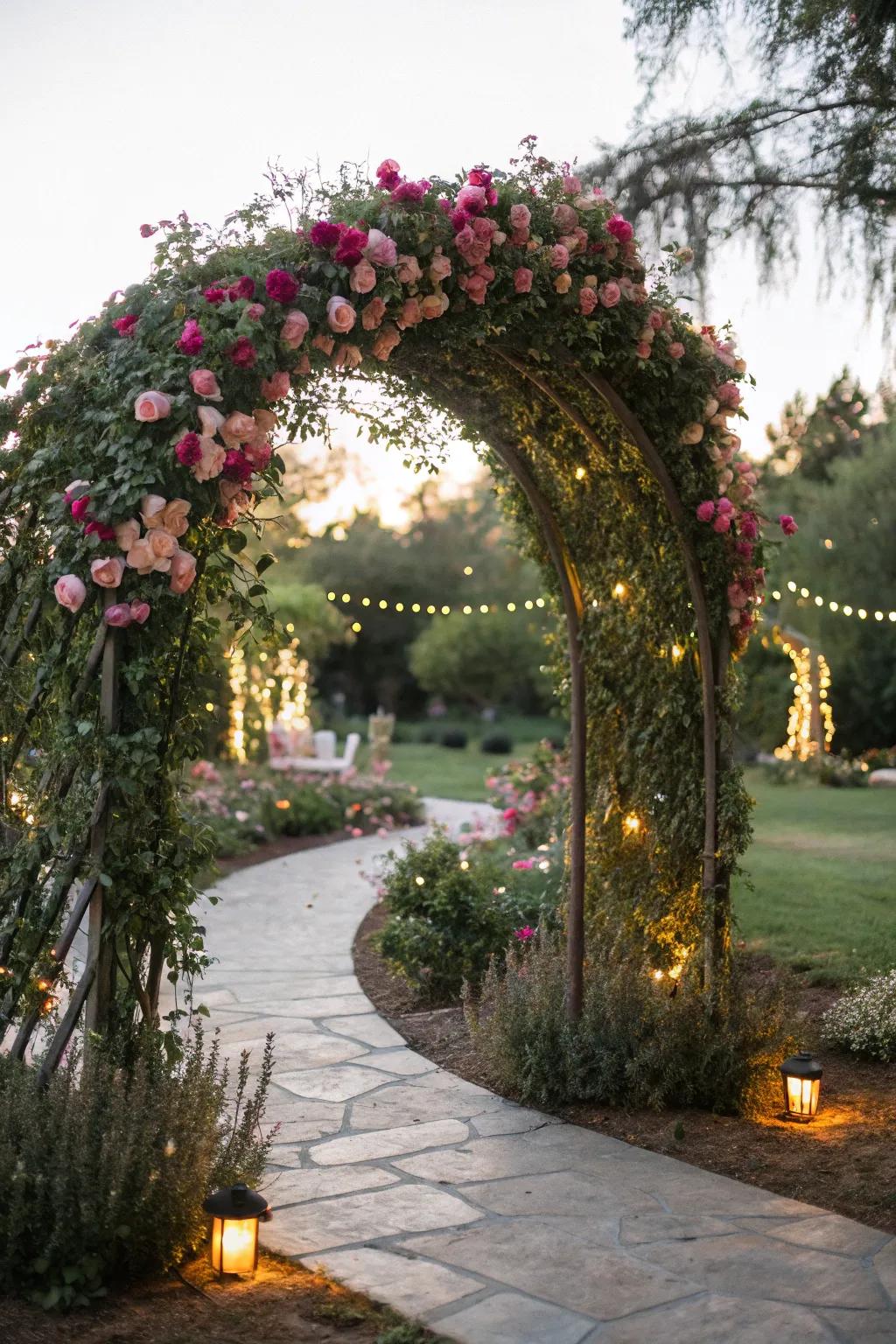 A gorgeous floral archway warmly welcomes guests into the fairy garden.