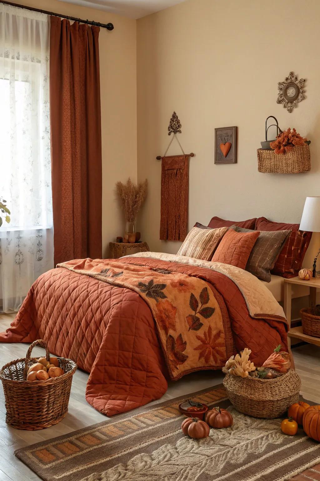 Use warm colors to create a cozy fall atmosphere in your bedroom.