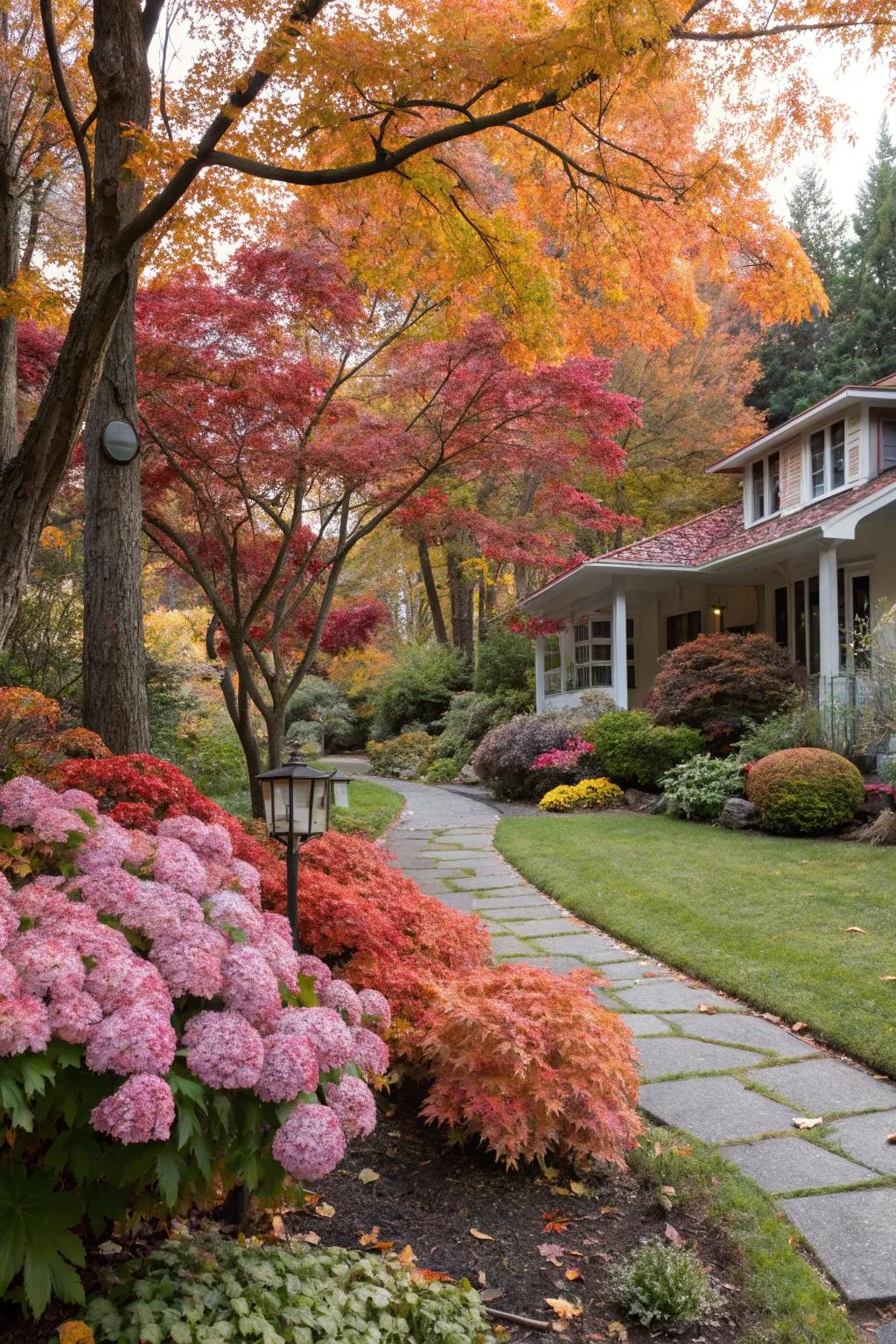 Incorporate lively fall colors using Japanese maples and oakleaf hydrangeas.