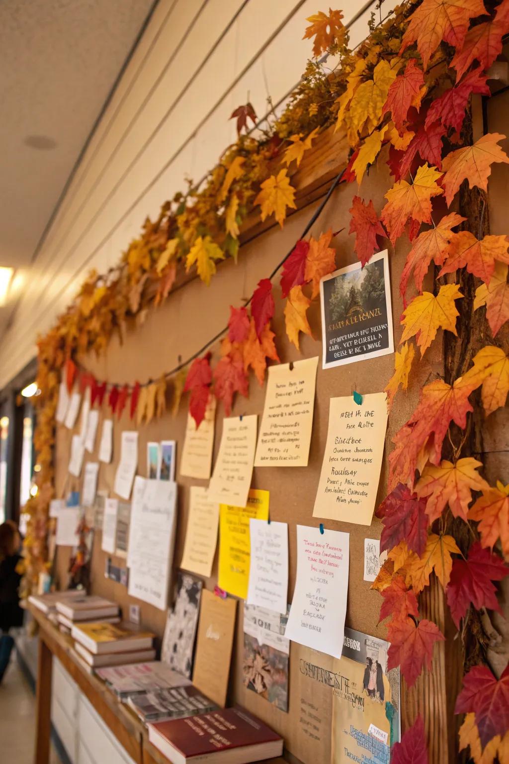A display of bright leaves and highlighted book titles on a seasonal board.