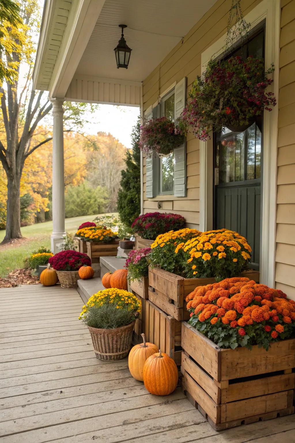Classic porch display with mums and pumpkins