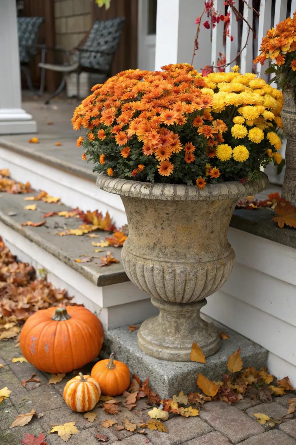 A classic mix of gourds and chrysanthemums in an autumn urn.