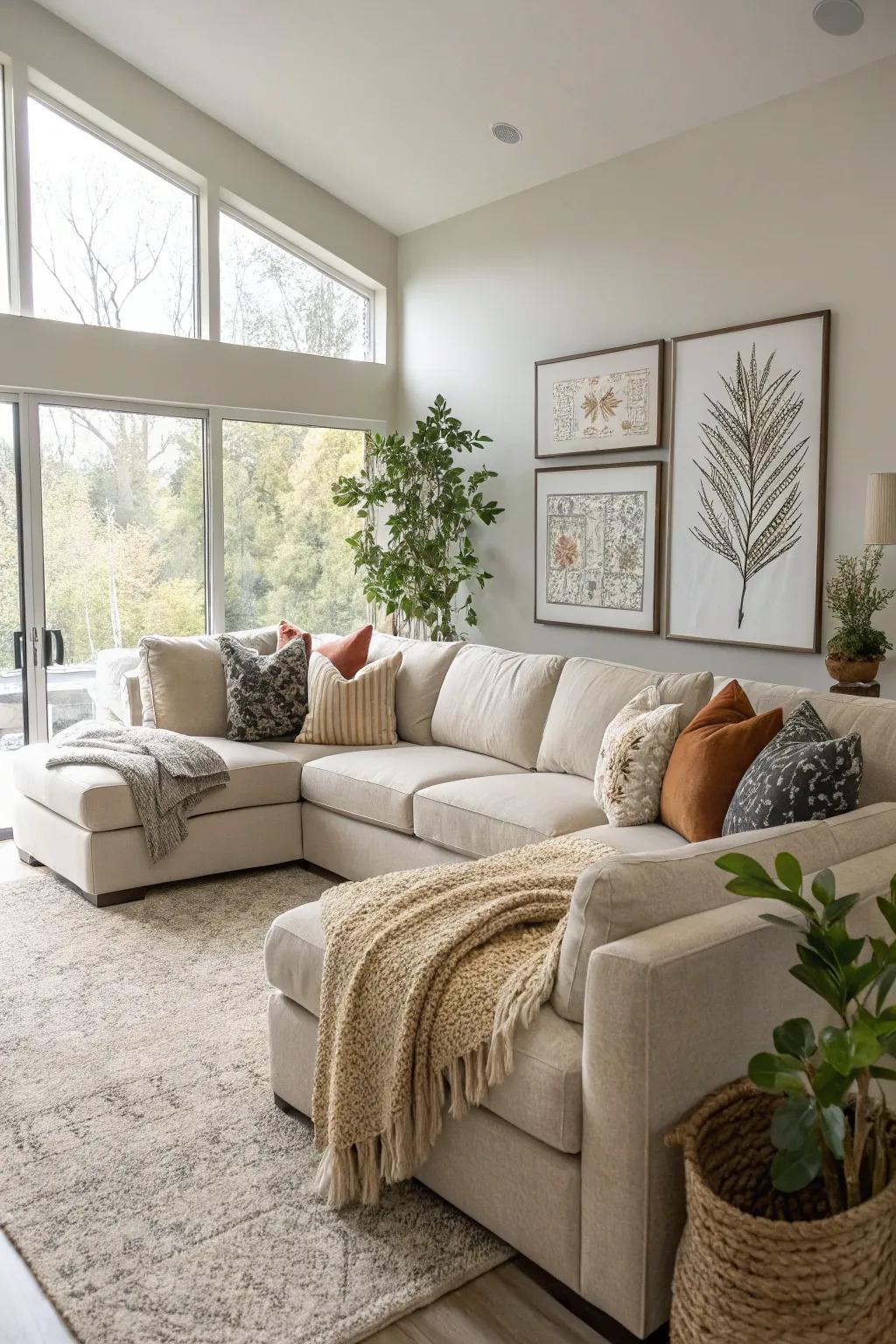 A spacious family room focused around an inviting sectional sofa.