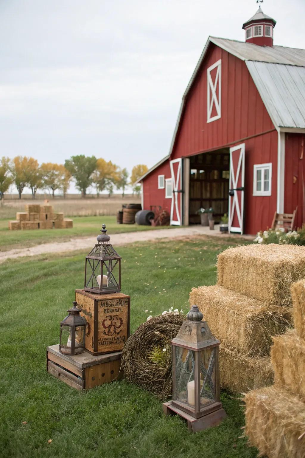 A breathtaking crimson barn backdrop adorned with bundles of hay—ideal for a countryside-themed birthday bash.