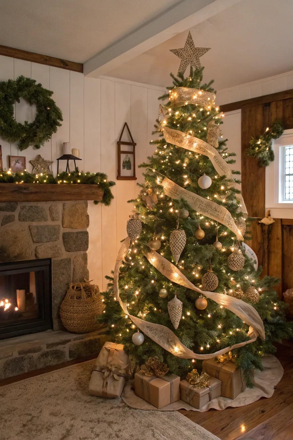 A farmhouse Christmas tree decorated with burlap ribbons and rustic ornaments.