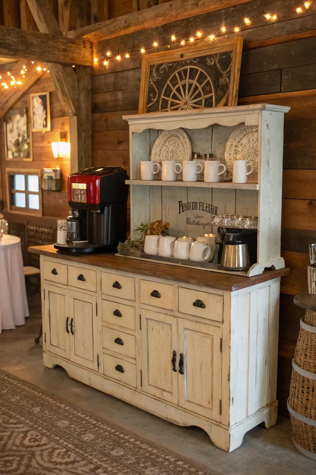 A vintage sideboard reimagined as a rustic coffee paradise.