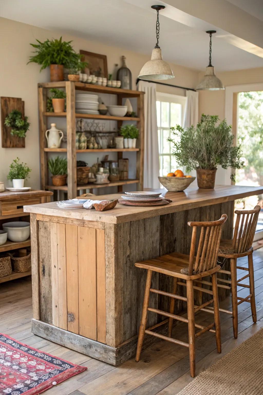 Reclaimed wood island brings rustic charm and history to your kitchen.