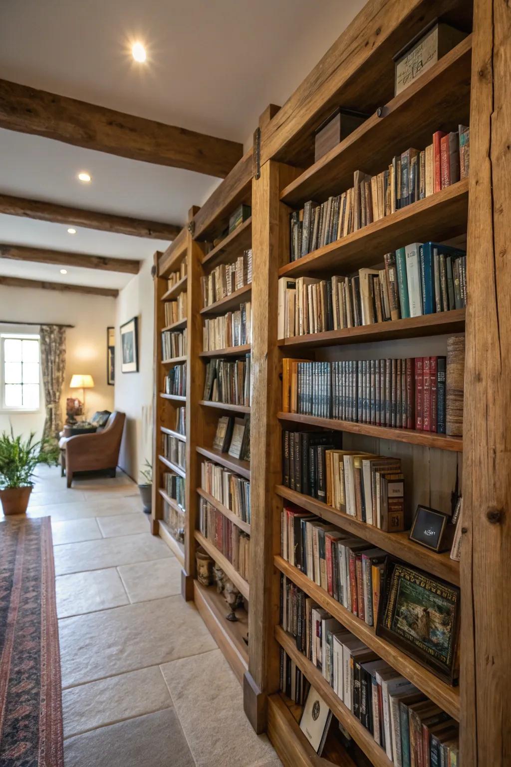 Full-height timber shelves add a touch of rustic allure to any farmhouse-inspired library.