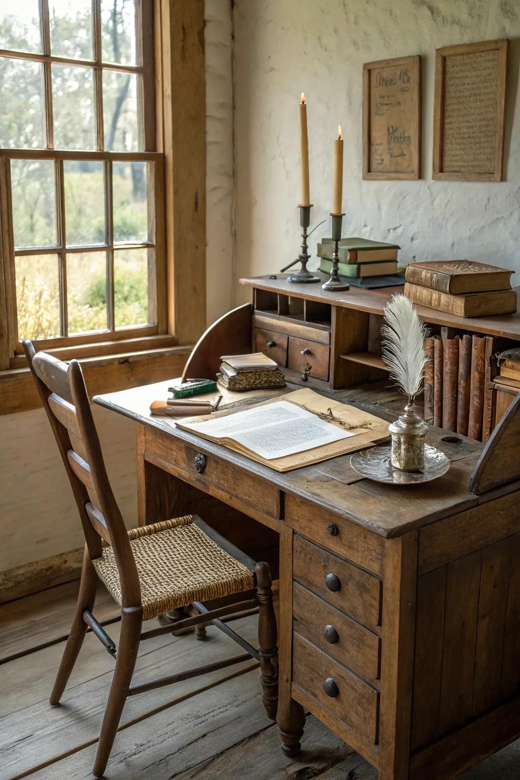 Country-style wooden desk and chair create vintage appeal.