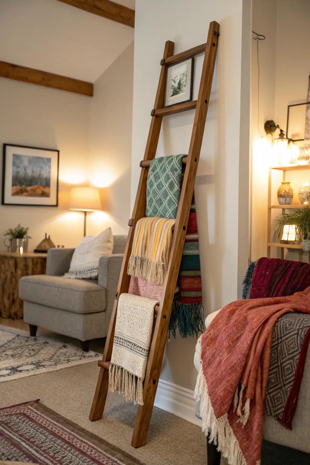Cozy blanket ladder in a farmhouse living room