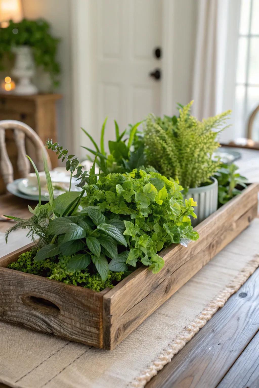 A rustic wooden tray brimming with vibrant greenery crafts an inviting centerpiece.